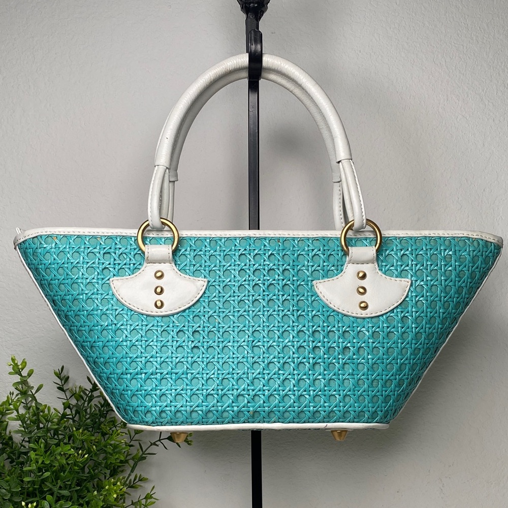 Inge Trapezoid Shoulder Bag Satchel in Turquoise Cane, White Trim, Linen Lining - Picture 2 of 15